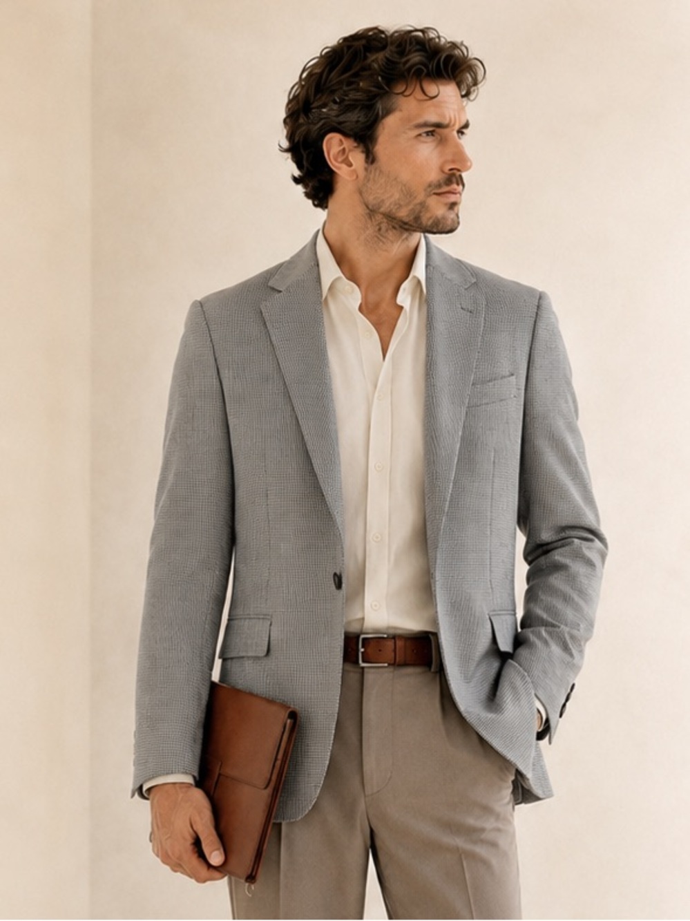 Hugo Boss Tailored Virgin Wool Micro Check Blazer Grey Cream Sz 38R